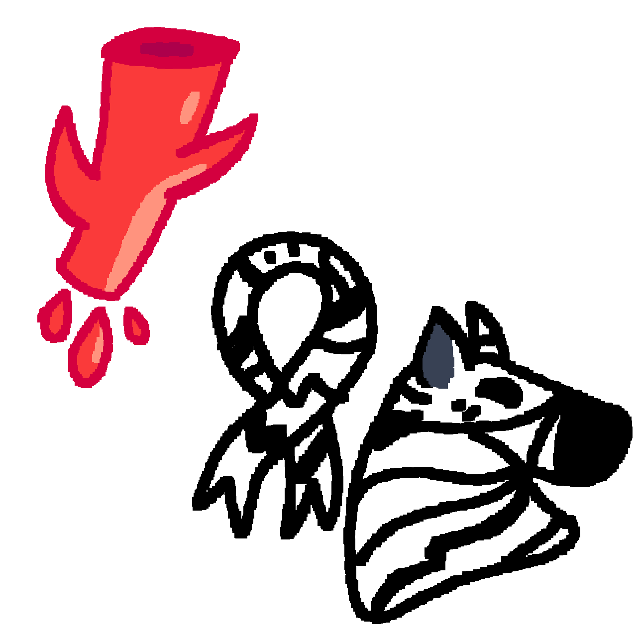 on the top is a red blood vessel with some drops of blood nearby. on the bottom right corner is a white ribbon with black stripes next to the bust of a zebra, who has a white body with black stripes